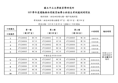 115學年度教育學博士班-運動與休閒教育組入學考試招生考試複試時間表圖片